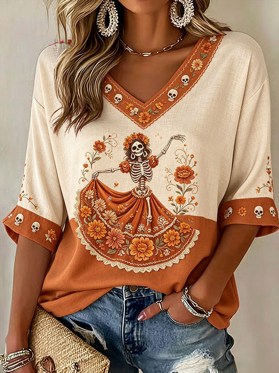 Camiseta estampada con arte floral del Día de los Muertos mexicano para mujer