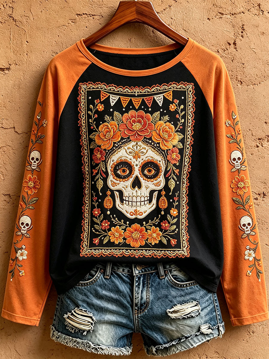 Camiseta estampada con arte floral del Día de los Muertos mexicano para mujer