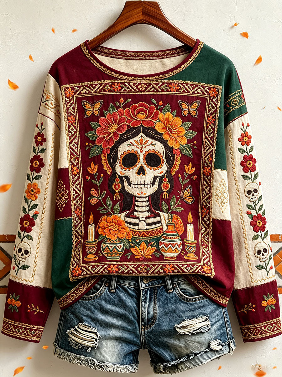 Camiseta estampada con arte floral del Día de los Muertos mexicano para mujer