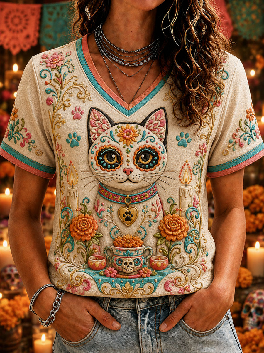 Camiseta informal estampada de Día de Muertos para mujer