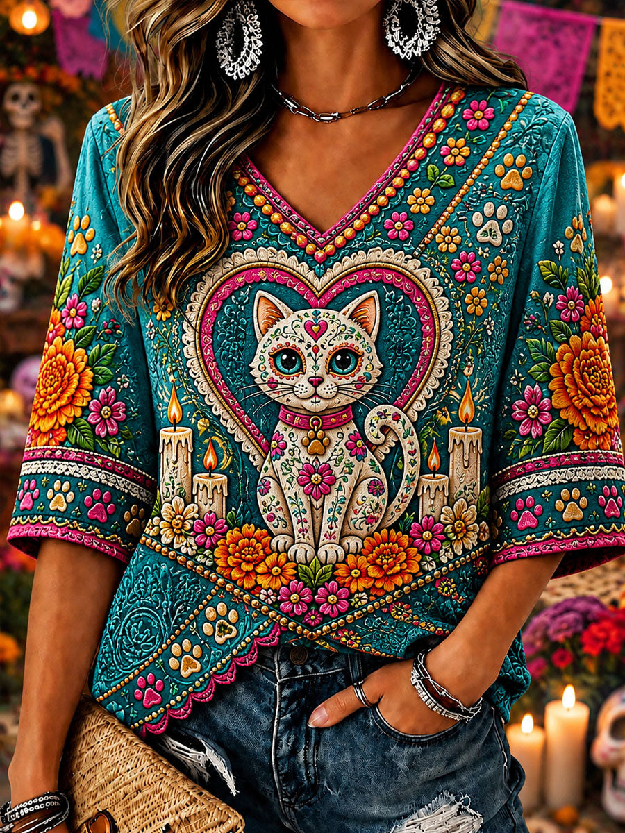 Camiseta informal estampada de Día de Muertos para mujer