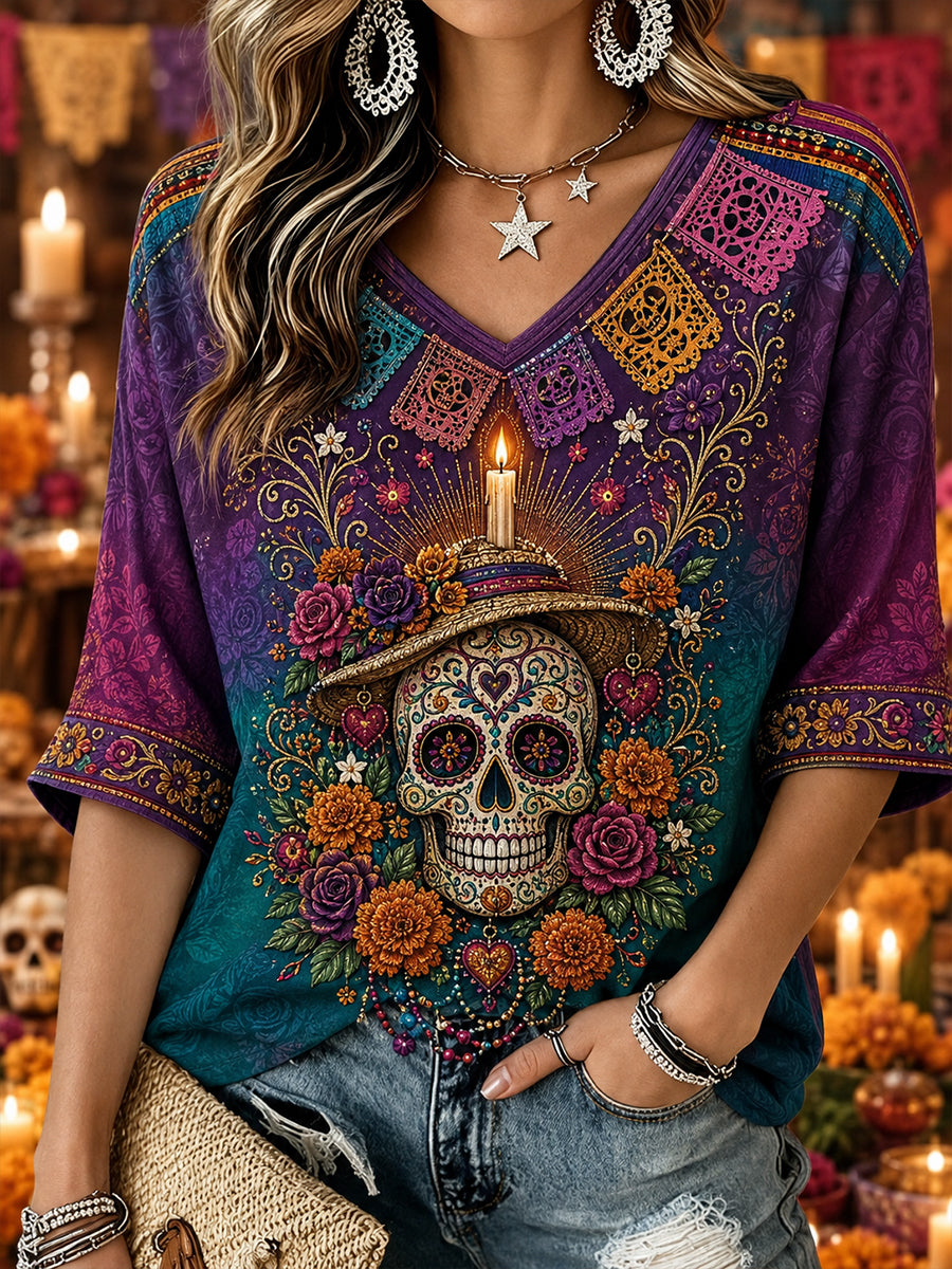 Camisa con cuello en V de lino del patrón del bordado del día de México de las mujeres muertas
