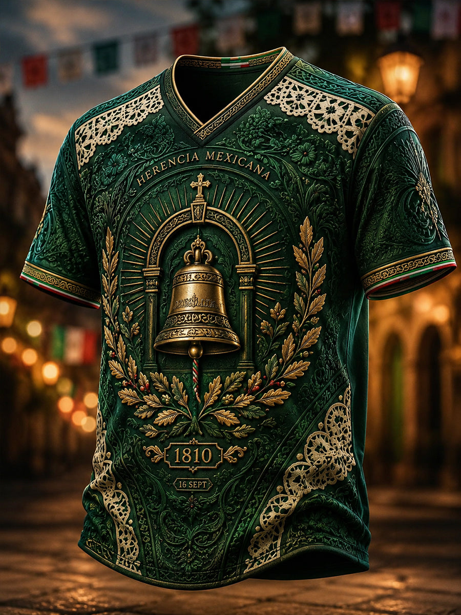 Camiseta de cuello en V para el Día de la Independencia de México, estilo masculino