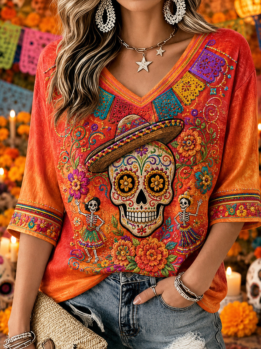 Camisa de lino con cuello en V y diseño bordado inspirado en el Día de Muertos de México para mujer