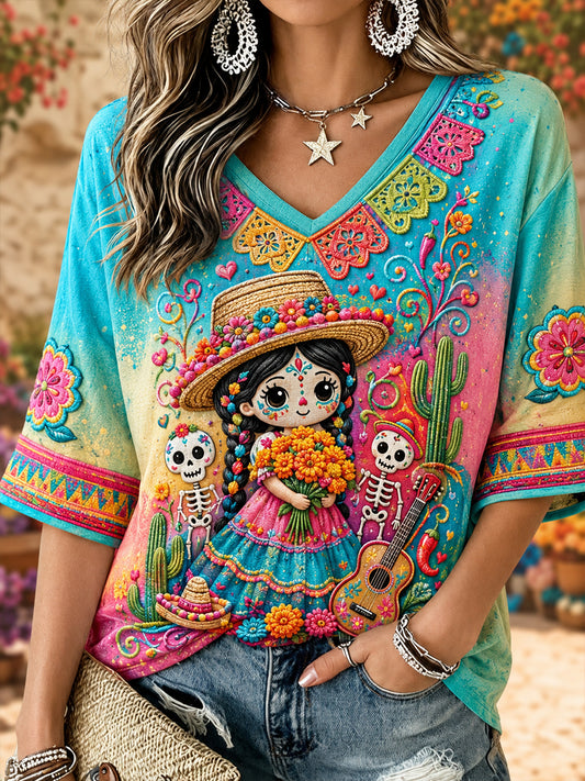Camisa de lino con cuello en V y diseño bordado inspirado en el Día de Muertos de México para mujer