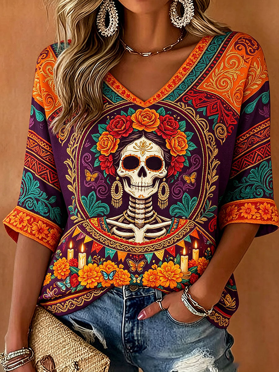 Camiseta estampada con arte floral del Día de los Muertos mexicano para mujer