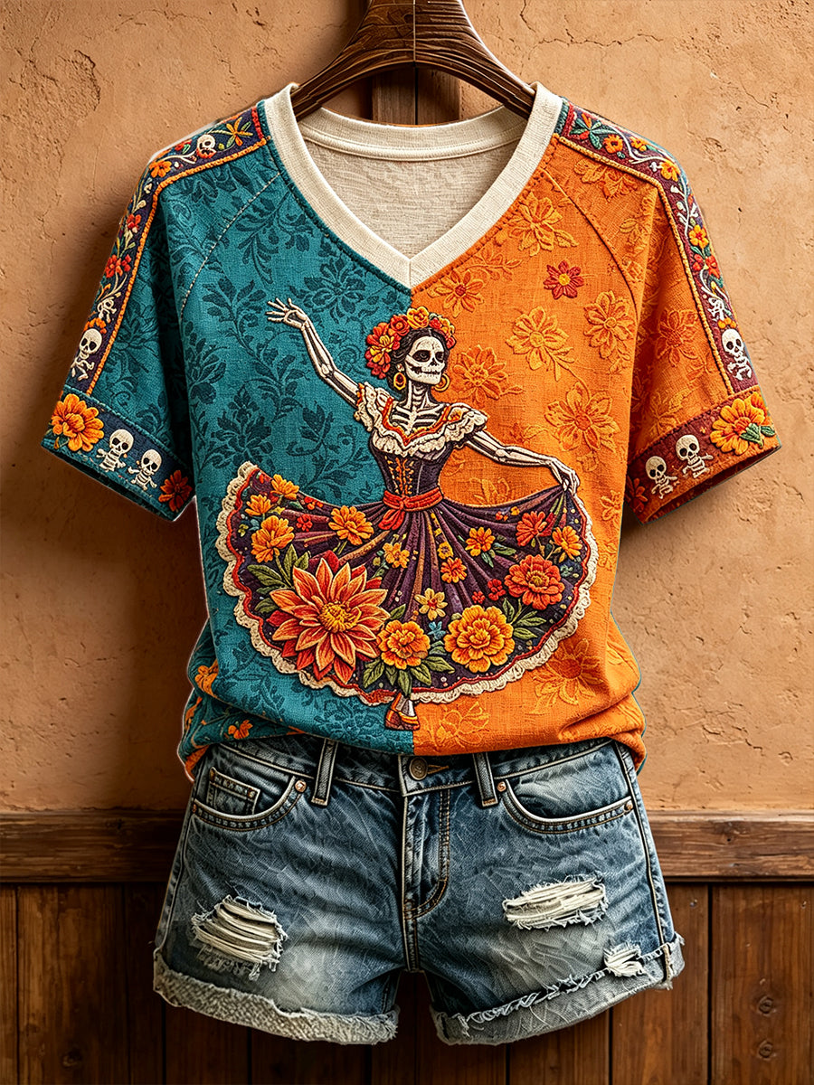 Camiseta estampada con arte floral del Día de los Muertos mexicano para mujer