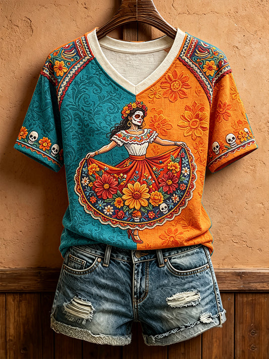 Camiseta estampada con arte floral del Día de los Muertos mexicano para mujer