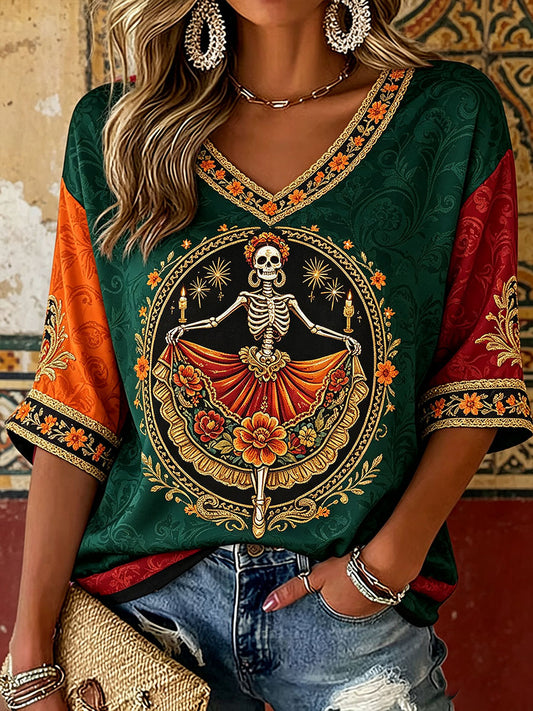 Camiseta estampada con arte floral del Día de los Muertos mexicano para mujer