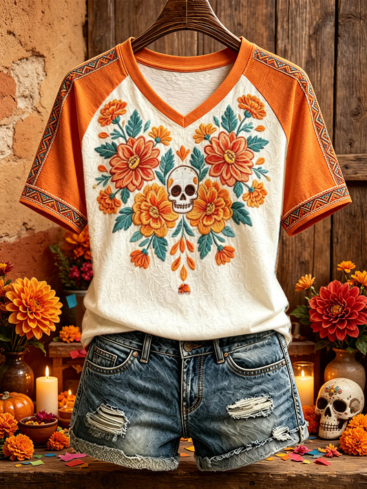 Camiseta estampada con arte floral del Día de los Muertos mexicano para mujer