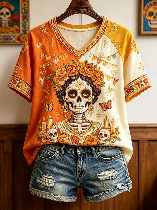 Camiseta estampada con arte floral del Día de los Muertos mexicano para mujer