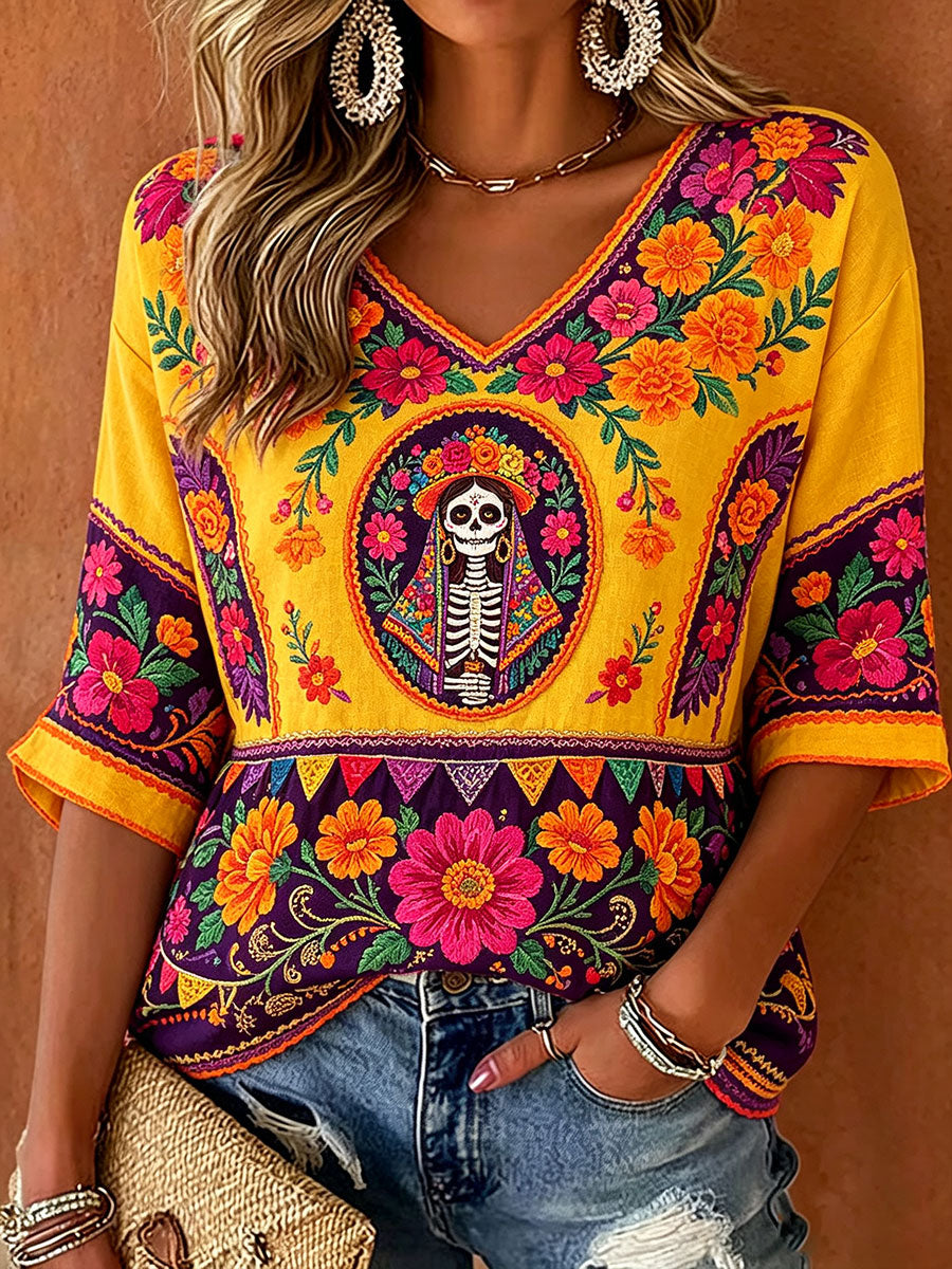 Camiseta estampada con arte floral del Día de los Muertos mexicano para mujer