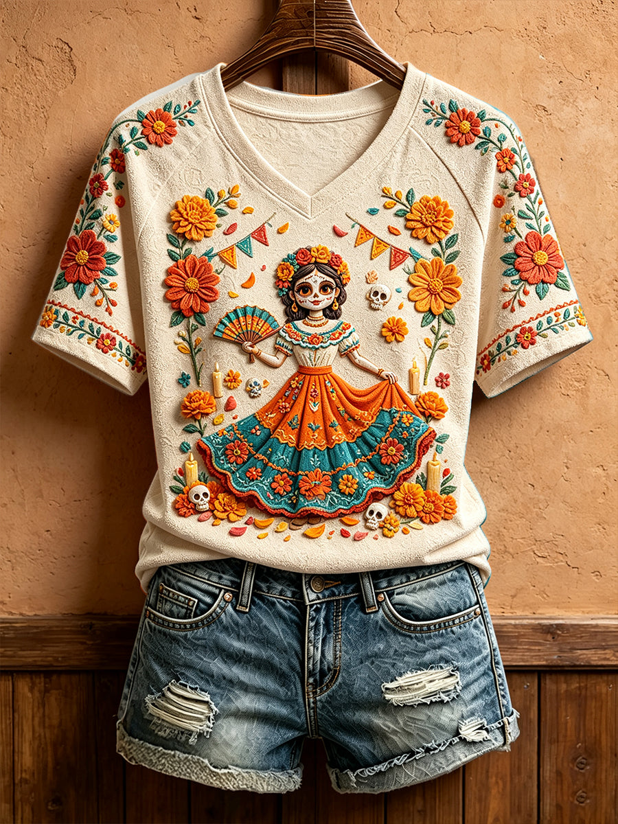 Camiseta estampada con arte floral del Día de los Muertos mexicano para mujer