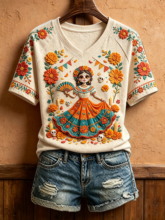 Camiseta estampada con arte floral del Día de los Muertos mexicano para mujer