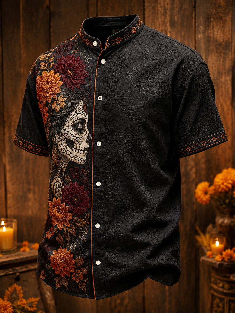 Camisa para hombre con estampado floral de Día de Muertos mexicano