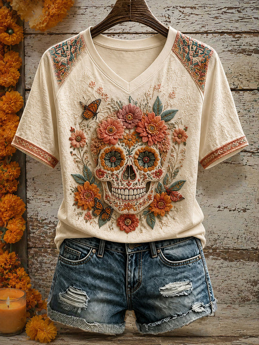 Camiseta estampada con arte floral del Día de los Muertos mexicano para mujer