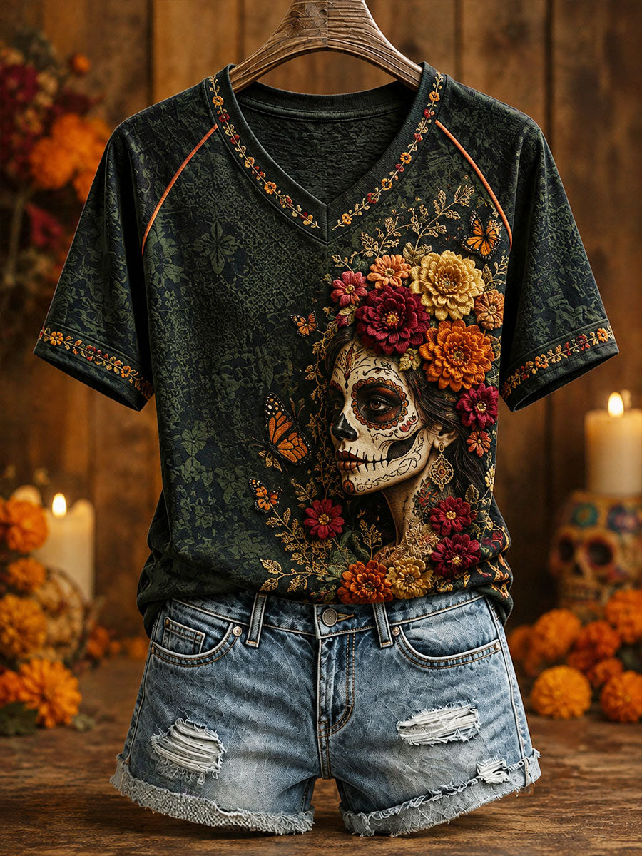 Camiseta estampada con arte floral del Día de los Muertos mexicano para mujer
