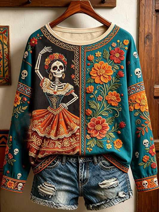 Camiseta estampada con arte floral del Día de los Muertos mexicano para mujer