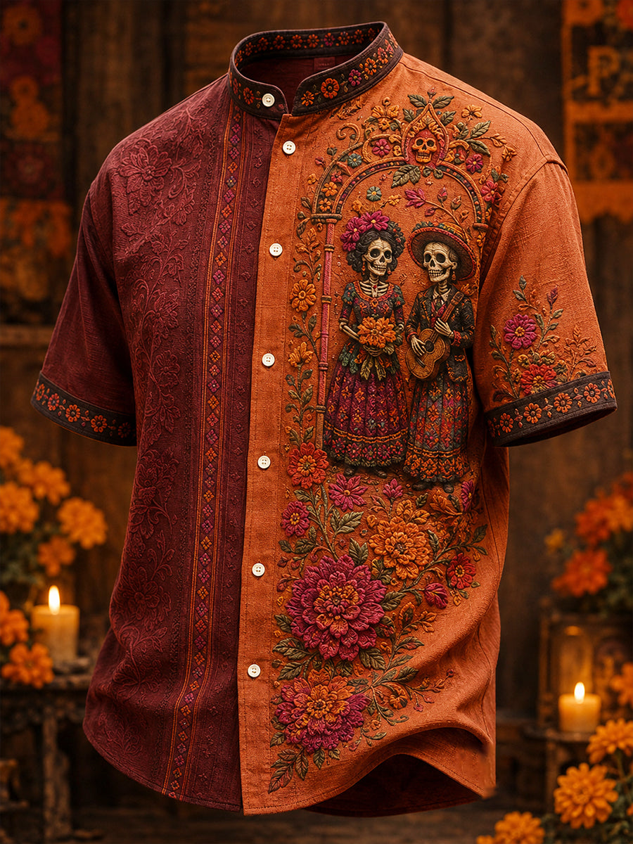 Camisa para hombre con estampado floral de Día de Muertos mexicano
