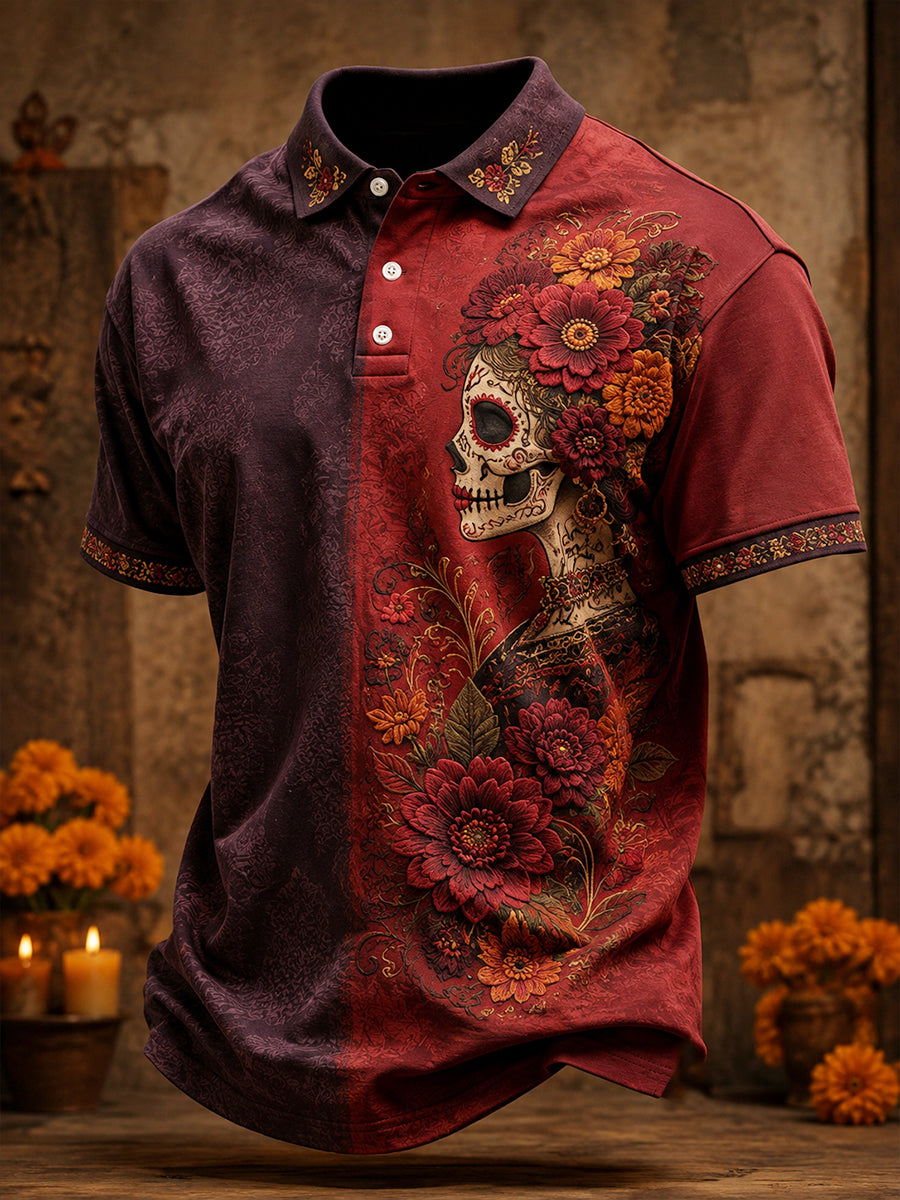 Camisetas casuales para hombre con estampado floral del Día de los Muertos de México