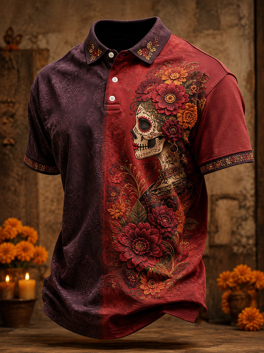 Camisetas casuales para hombre con estampado floral del Día de los Muertos de México