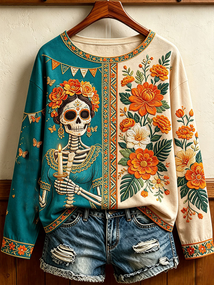 Camiseta estampada con arte floral del Día de los Muertos mexicano para mujer