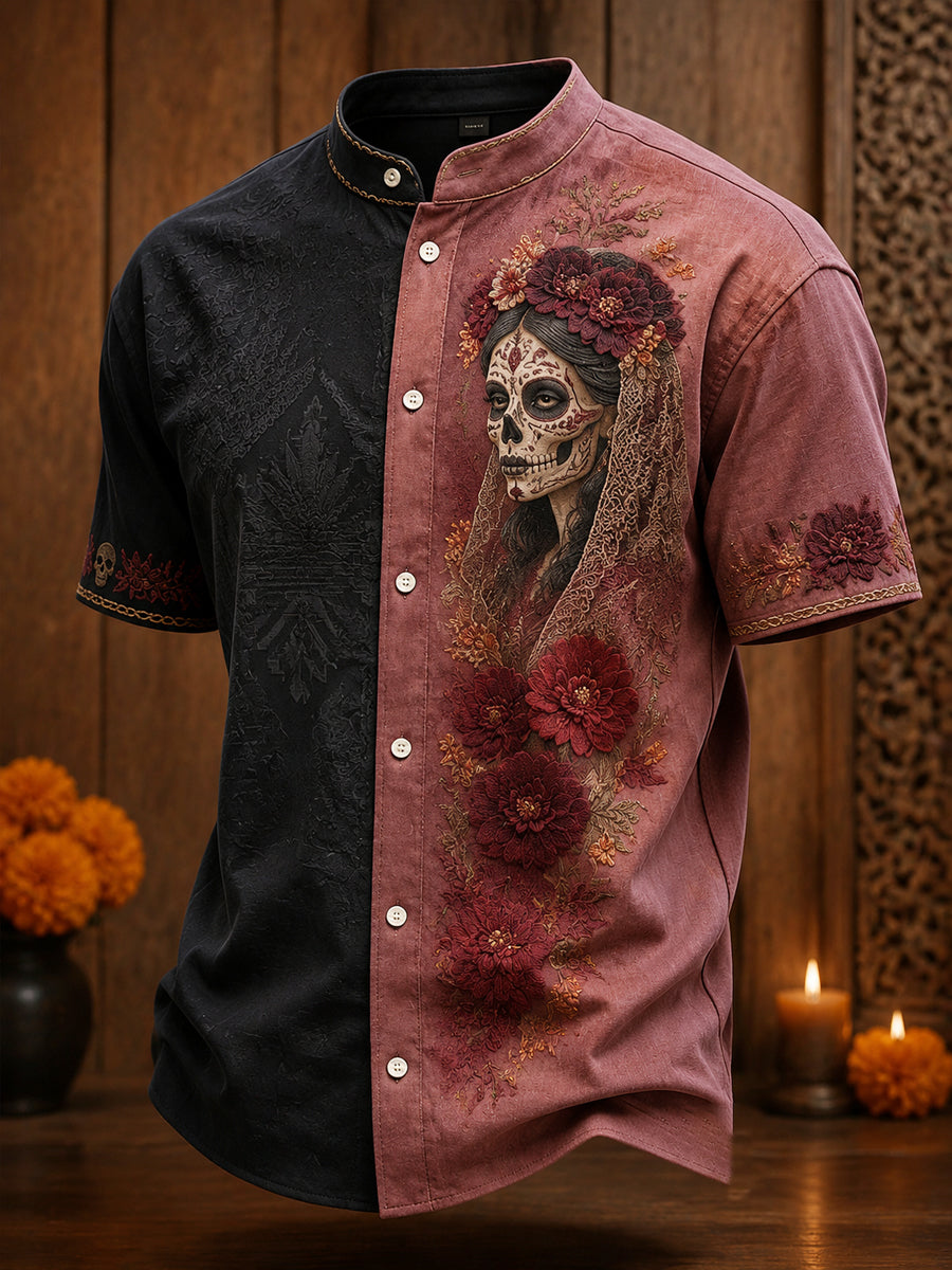Camisa para hombre con estampado floral de Día de Muertos mexicano