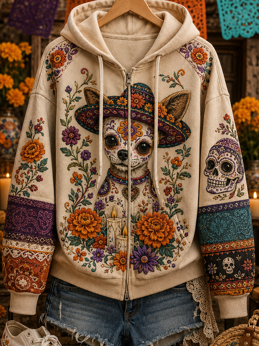 Sudadera con capucha y cremallera para mujer del Día de los Muertos de México