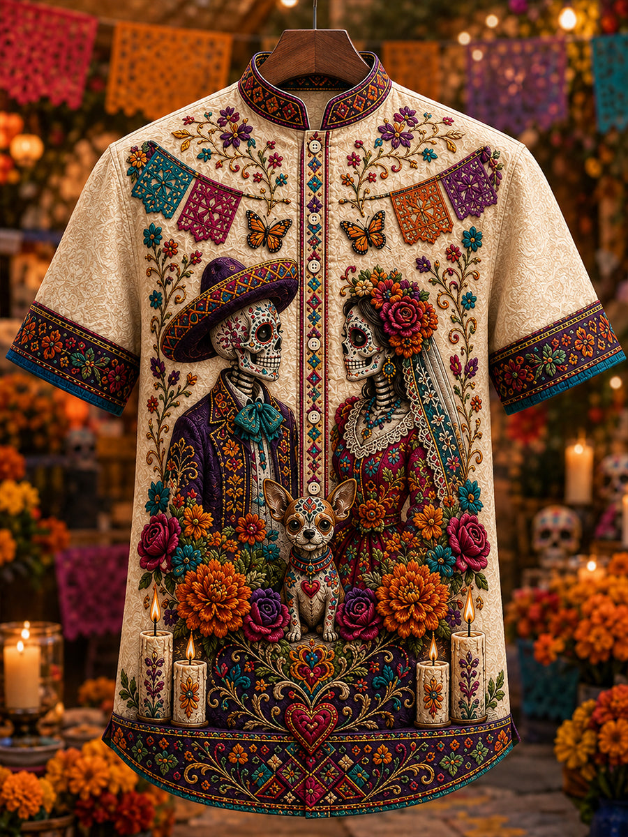 Camisa de manga corta con estampado de día de muertos de México para hombre