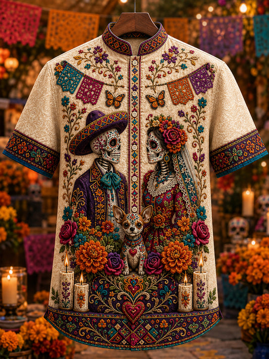 Camisa de manga corta con estampado de día de muertos de México para hombre