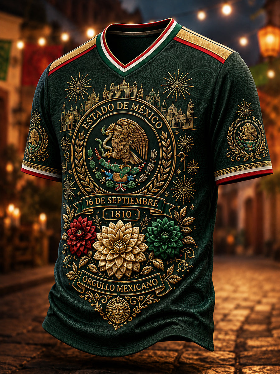 Camiseta de cuello en V para el Día de la Independencia de México, estilo masculino