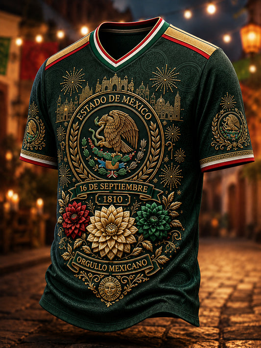 Camiseta de cuello en V para el Día de la Independencia de México, estilo masculino