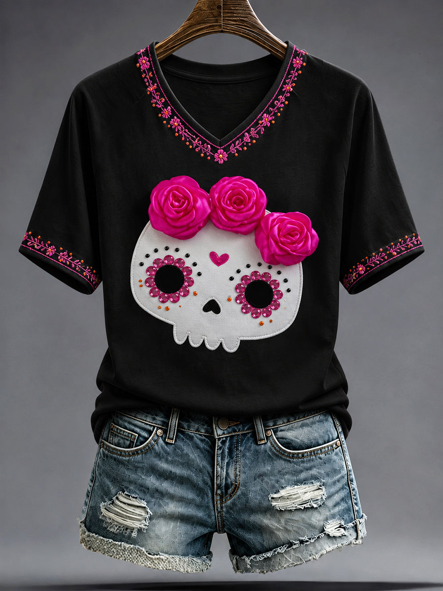 Camiseta estampada con arte del Día de los Muertos mexicano para mujer