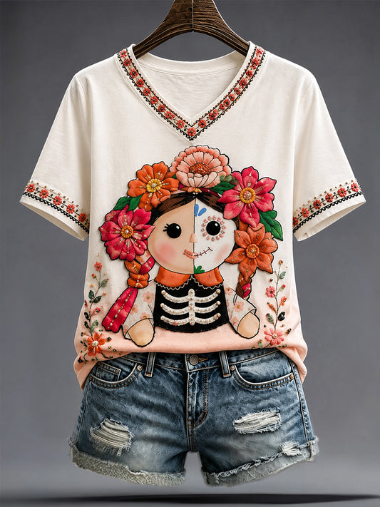 Camiseta estampada con arte del Día de los Muertos mexicano para mujer