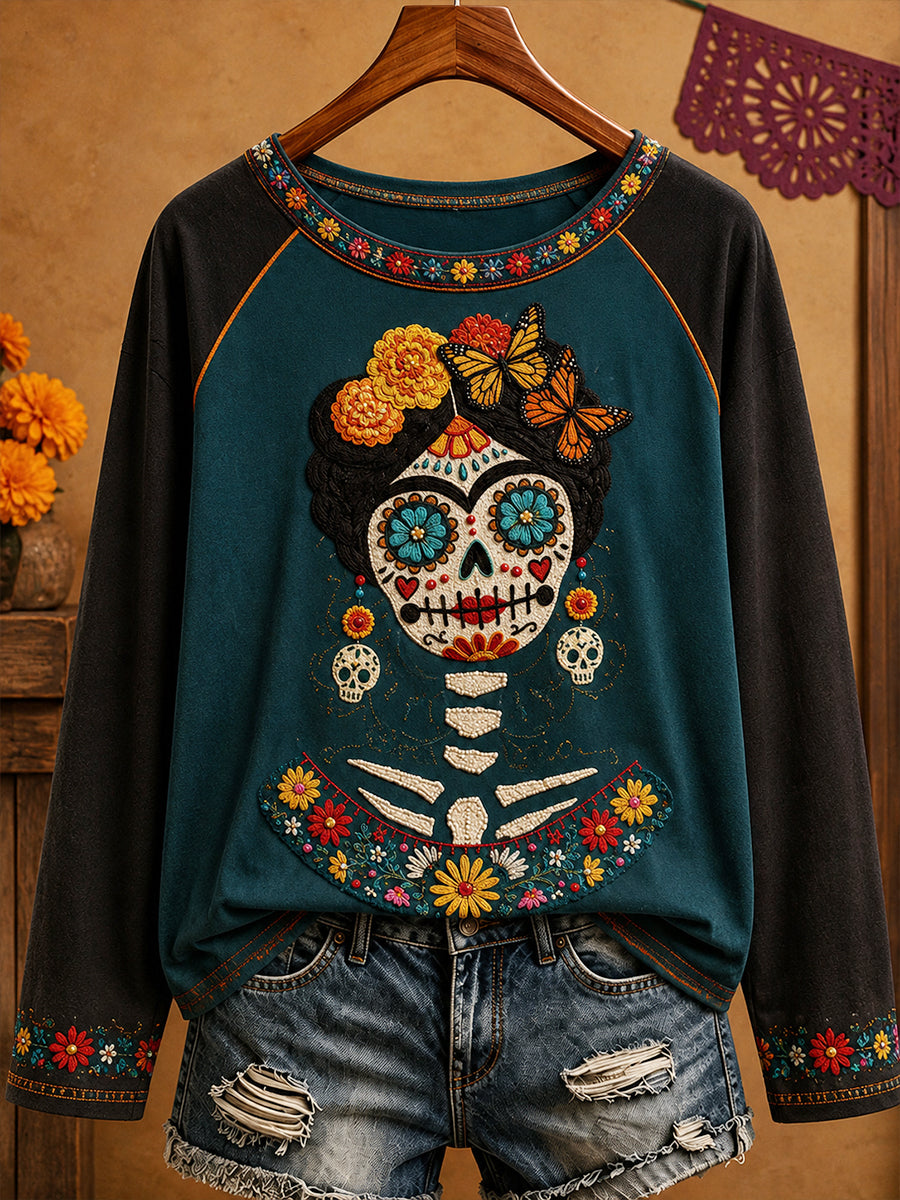 Camiseta estampada con arte del Día de los Muertos mexicano para mujer