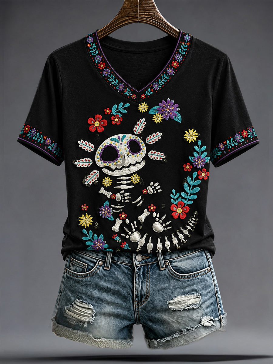 Camiseta estampada con arte del Día de los Muertos mexicano para mujer