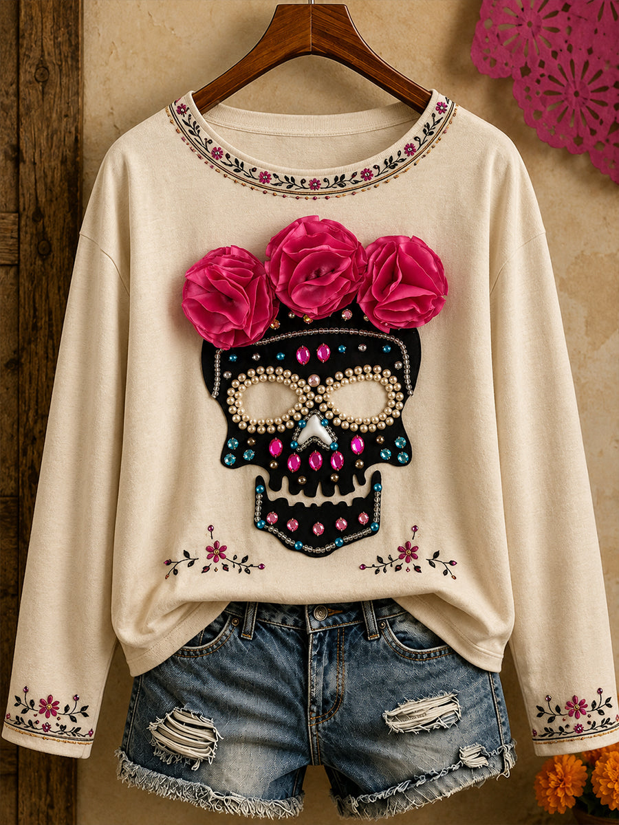 Camiseta estampada con arte del Día de los Muertos mexicano para mujer