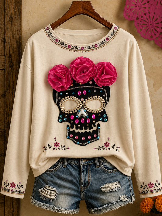 Camiseta estampada con arte del Día de los Muertos mexicano para mujer