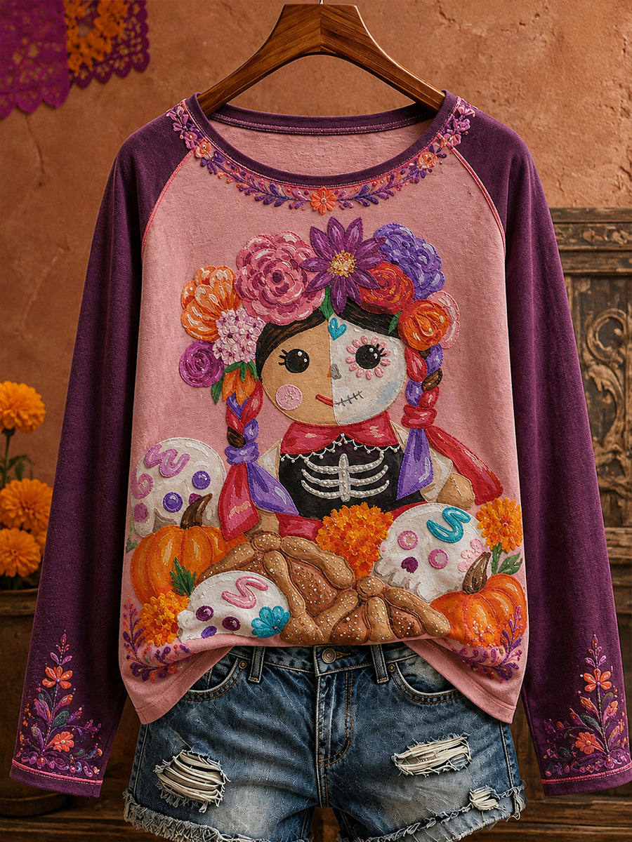 Camiseta estampada con arte del Día de los Muertos mexicano para mujer