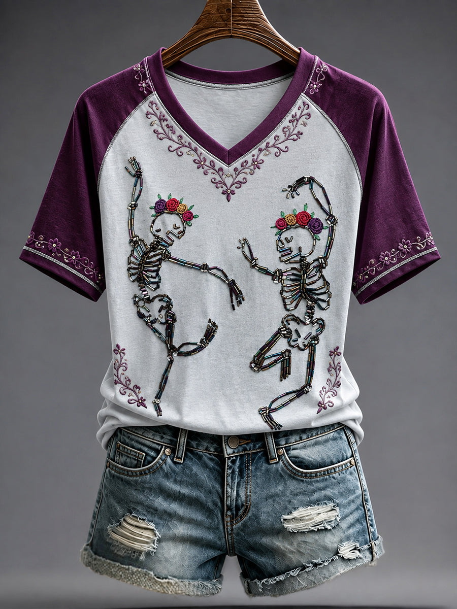 Camiseta estampada con arte del Día de los Muertos mexicano para mujer