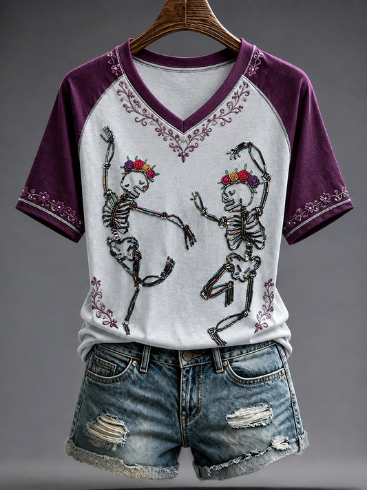 Camiseta estampada con arte del Día de los Muertos mexicano para mujer