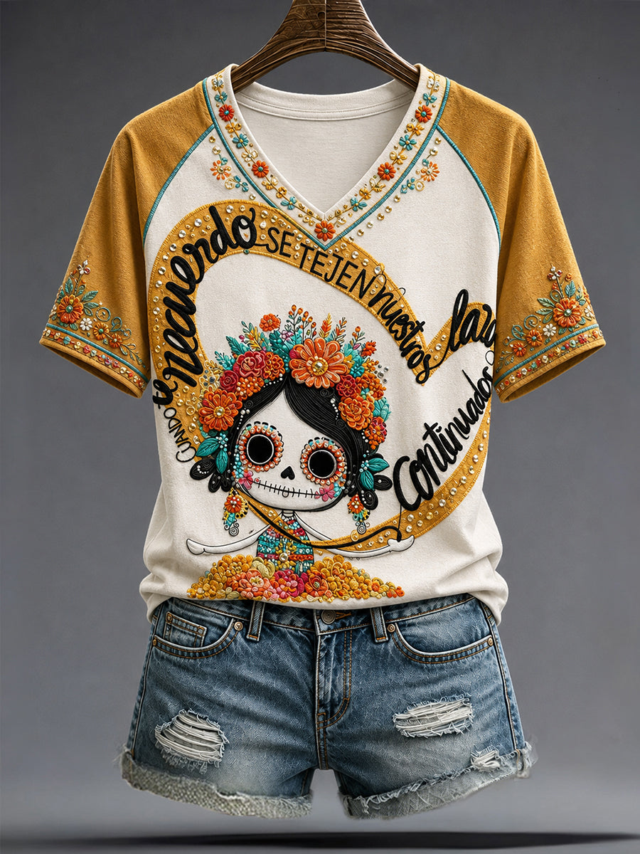 Camiseta estampada con arte del Día de los Muertos mexicano para mujer