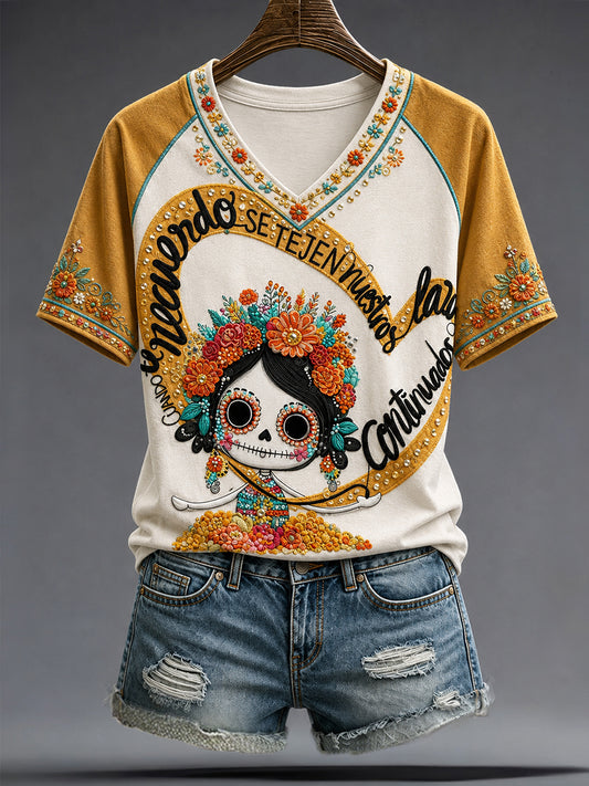 Camiseta estampada con arte del Día de los Muertos mexicano para mujer