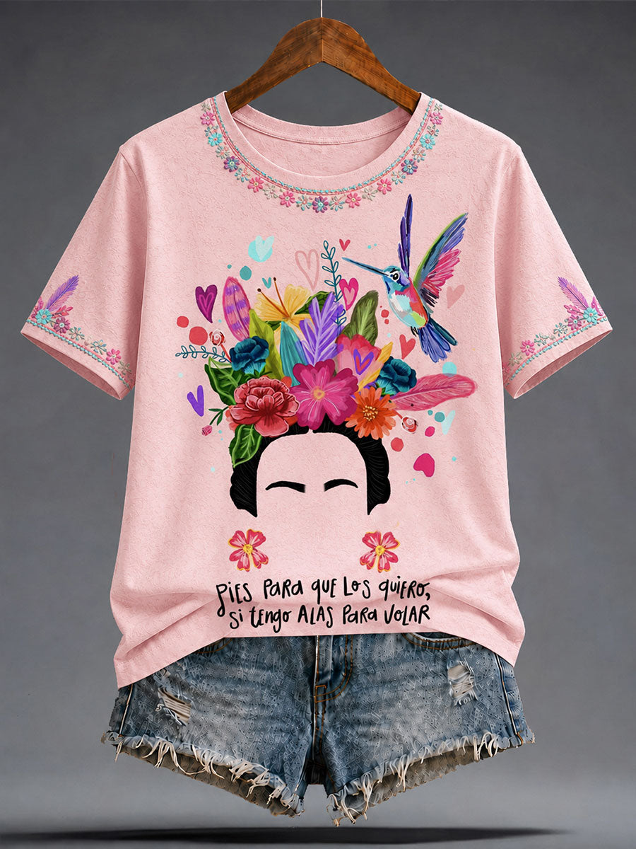 Damen-T-Shirt mit mexikanischer Lele-Puppe und floraler Kunst-Print