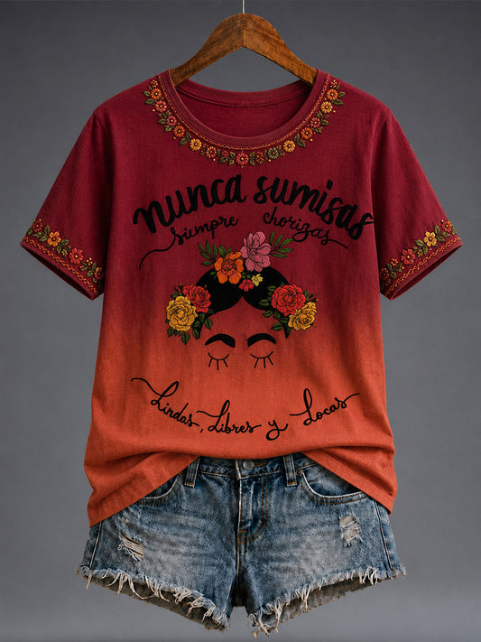 Damen-T-Shirt mit mexikanischer Lele-Puppe und floraler Kunst-Print