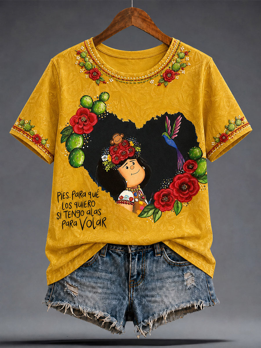 Damen-T-Shirt mit mexikanischer Lele-Puppe und floraler Kunst-Print