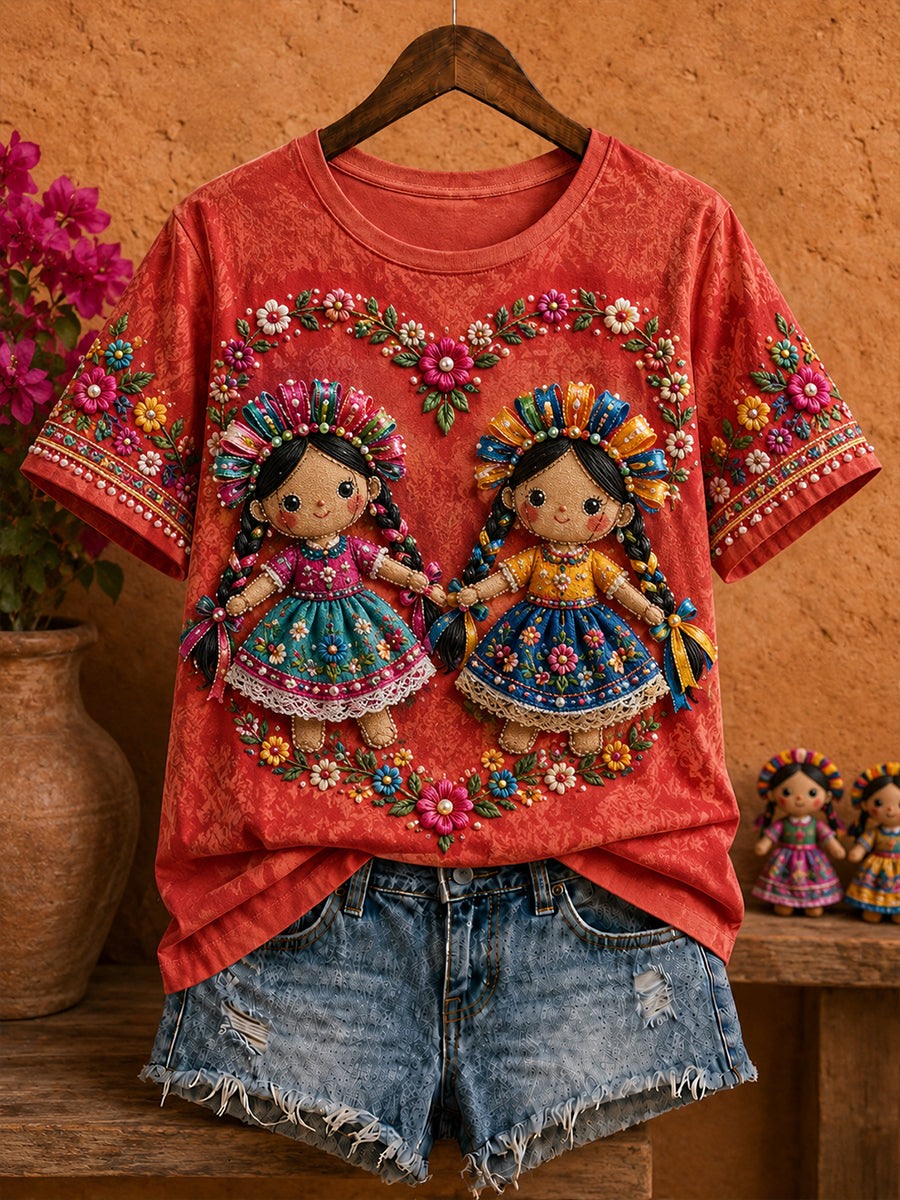 Damen-T-Shirt mit mexikanischer Lele-Puppe und floraler Kunst-Print