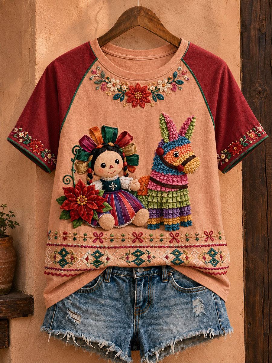 Damen-T-Shirt mit mexikanischer Lele-Puppe und floraler Kunst-Print