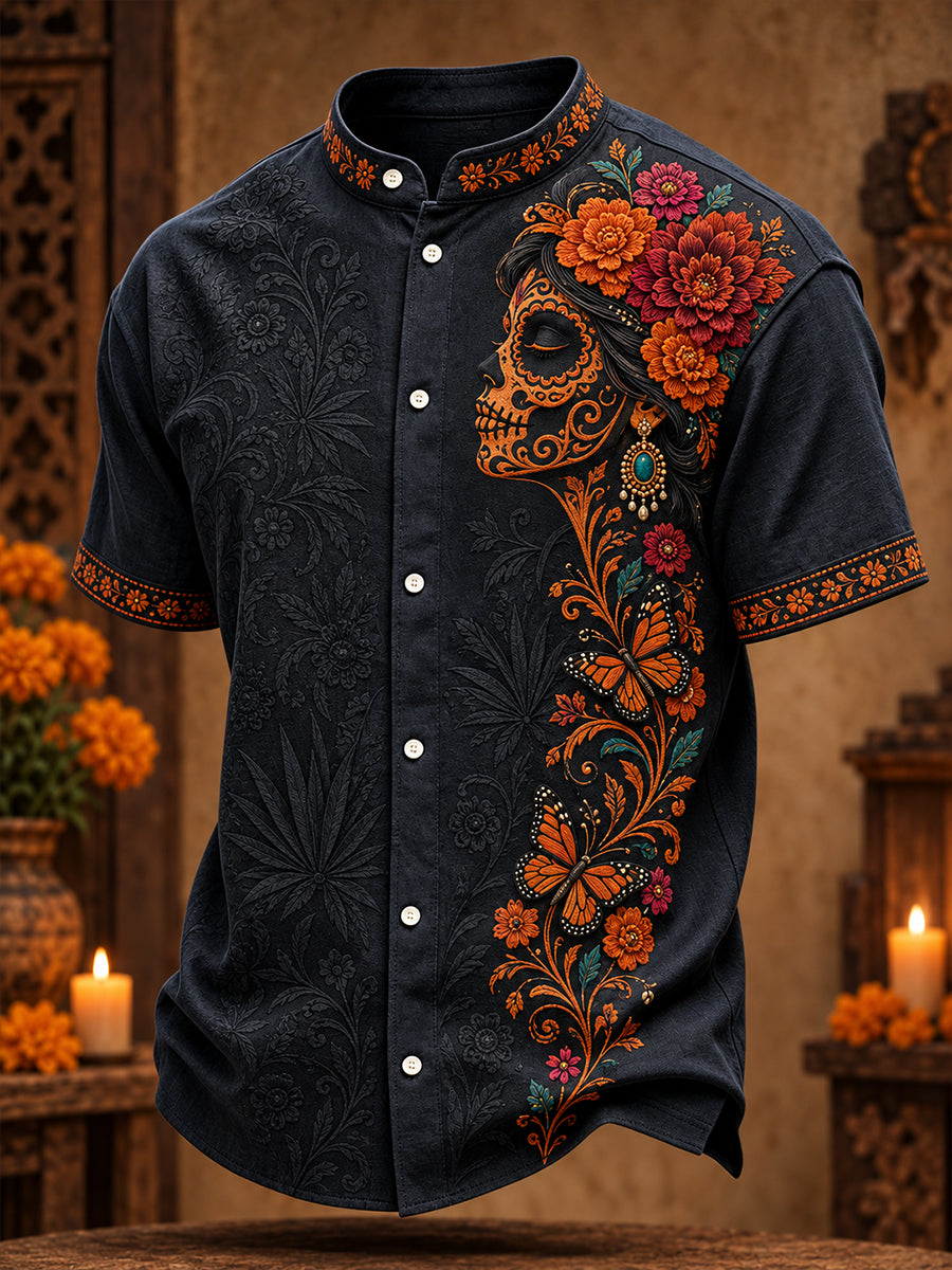 Camisa para hombre con estampado floral de Día de Muertos mexicano