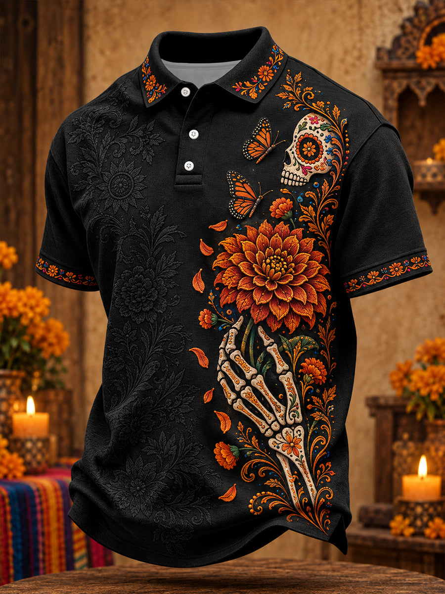 Camisetas casuales para hombre con estampado floral del Día de los Muertos de México